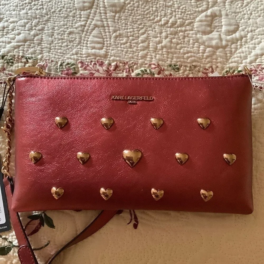 KARL LAGERFELD KAROLINA LIGHT METALLIC RED CRANBERRY CROSSBODY NEW WITH …